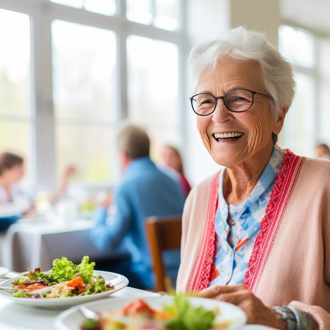 Older woman smiling, sitting at table with salads, dining