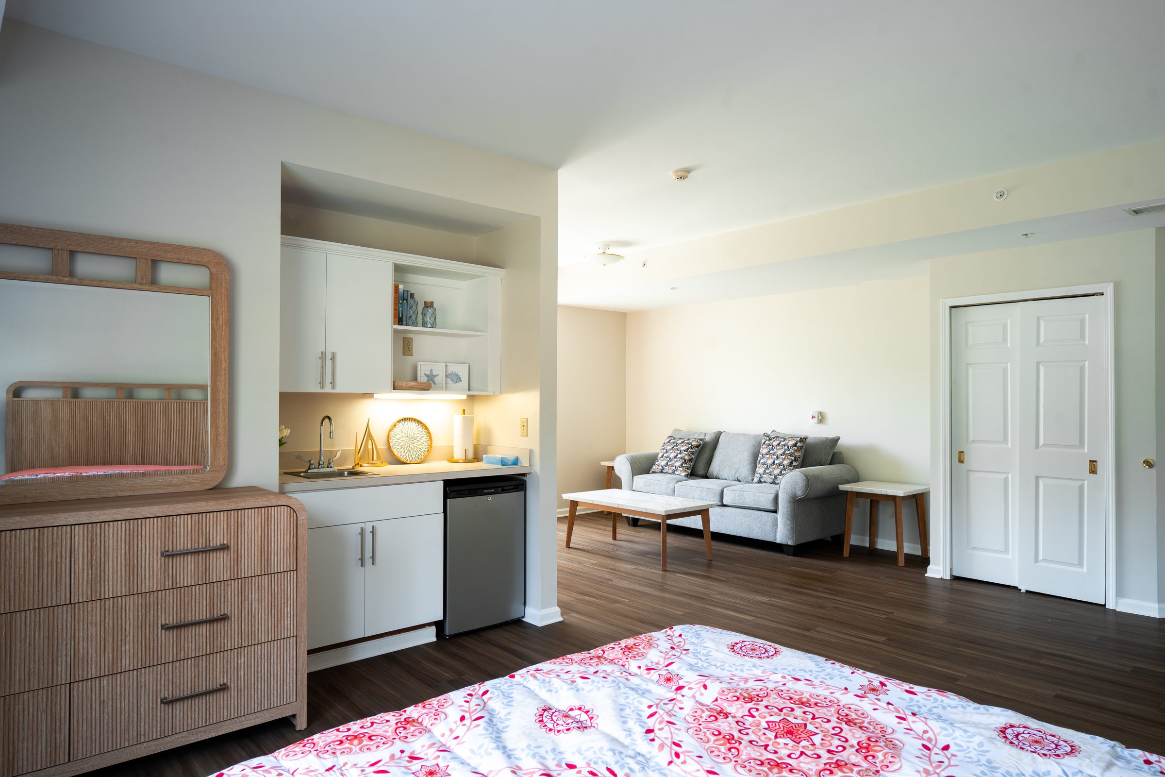 Assisted living apartment with kitchenette and living area