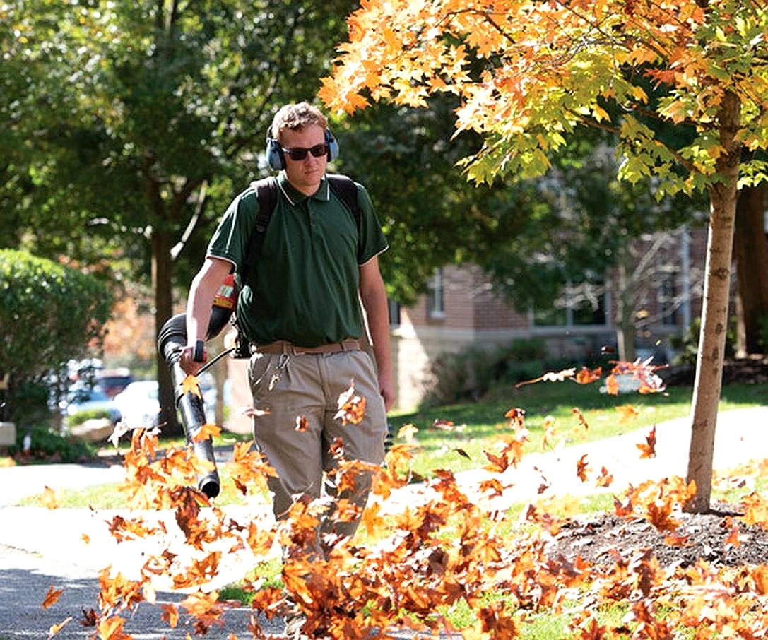 Maintenance worker using a leaf blower to clear fallen leaves along a sidewalk in a landscaped residential community during autumn.