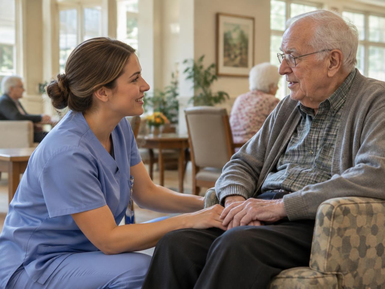 A nurse sitting with an older man in a senior living community