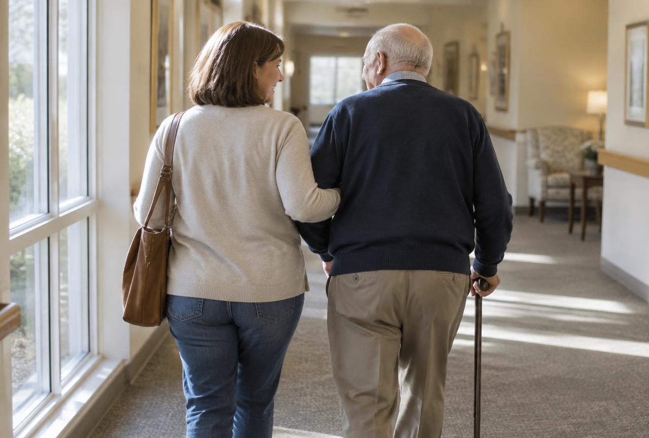 A daughter walking with her father along a senior living hallway